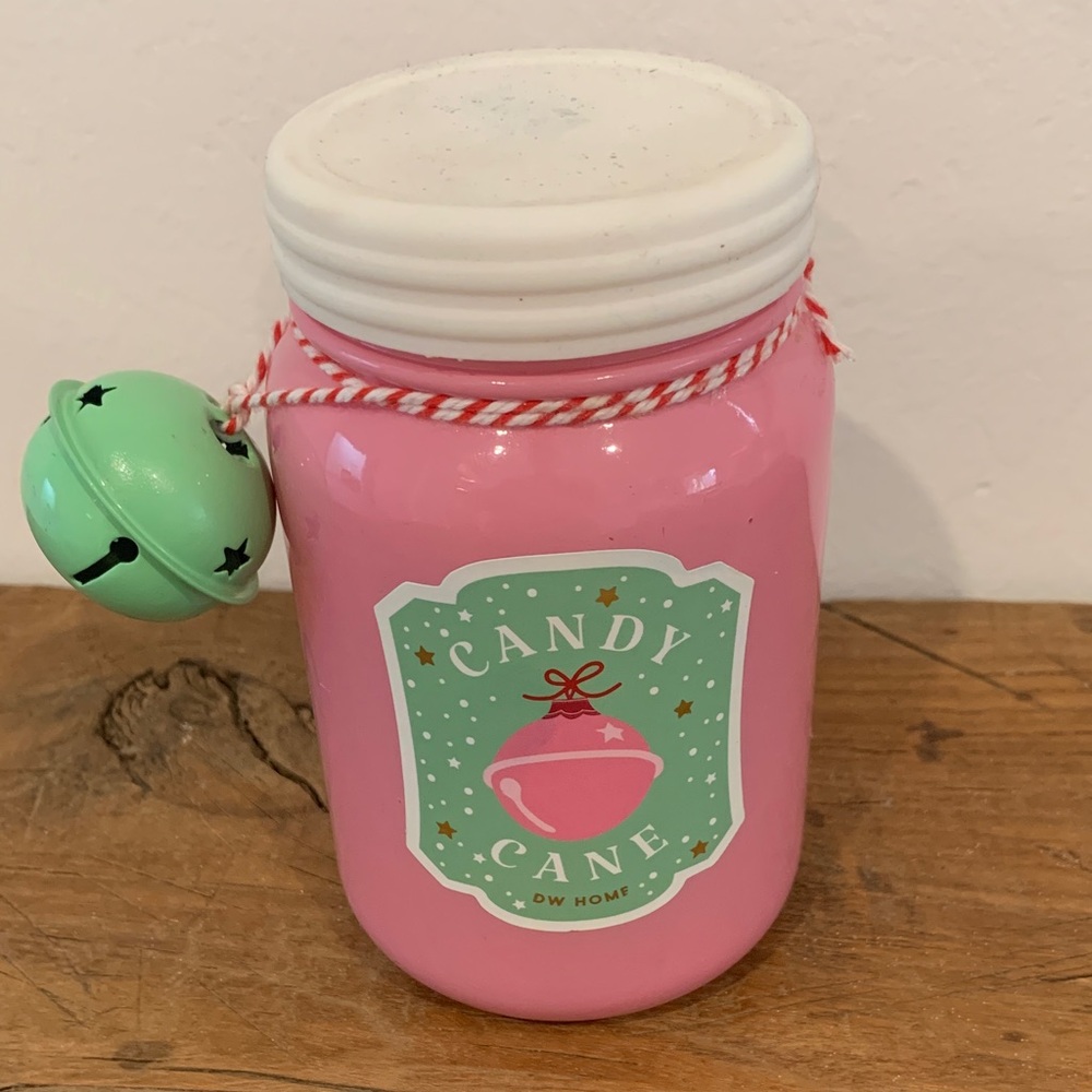 DW Home Pink Candy Cane Candle Decorative Jar with Mint Bell